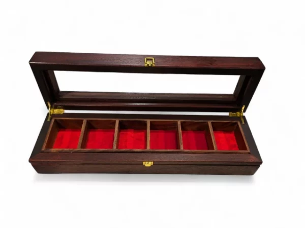 B Art - Luxurious hand-crafted wooden watch box with red velvet lining and gold hinges, designed to store six watches.