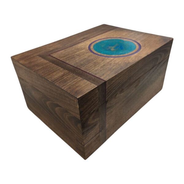 Elegant mahogany jewelry box with artistic resin top, perfect for storing treasured keepsakes and accessories